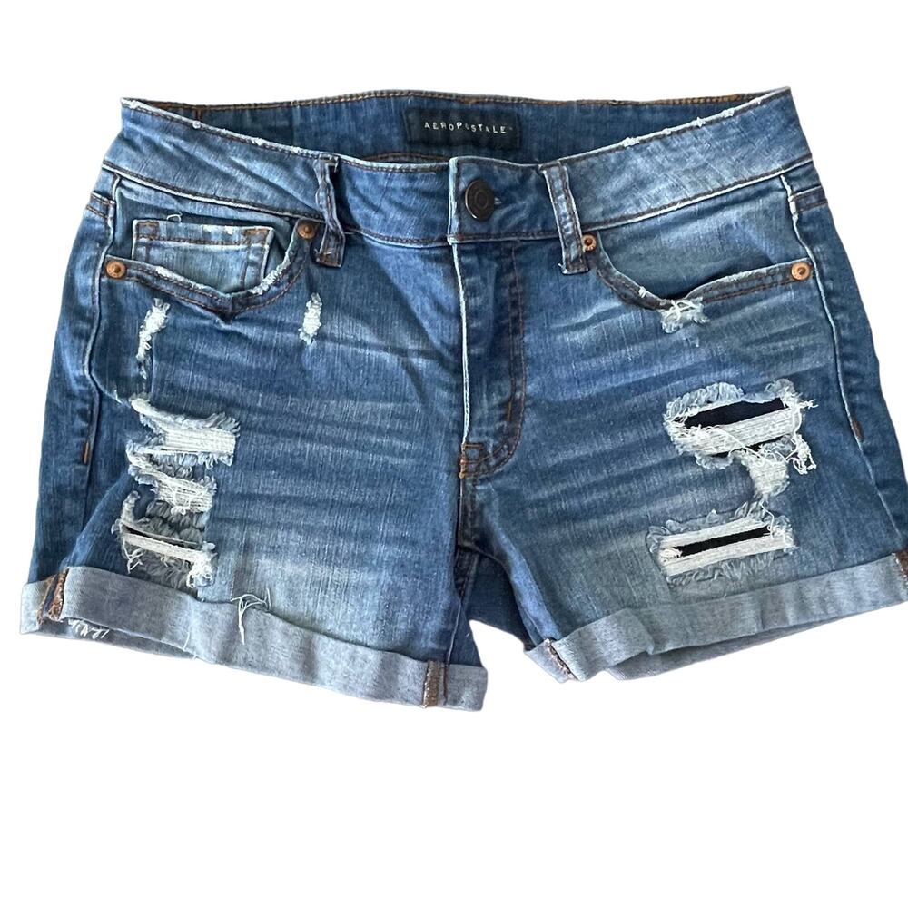 Aero Jean Short Light Blue Wash Distressed Torn Holes Denim Inseam 3 Cuffed Sz 2